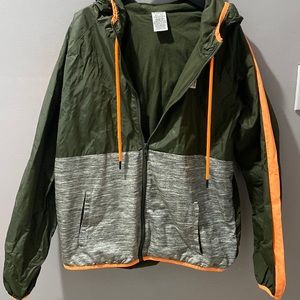 M/L, hunter green, orange, and gray light jacket.